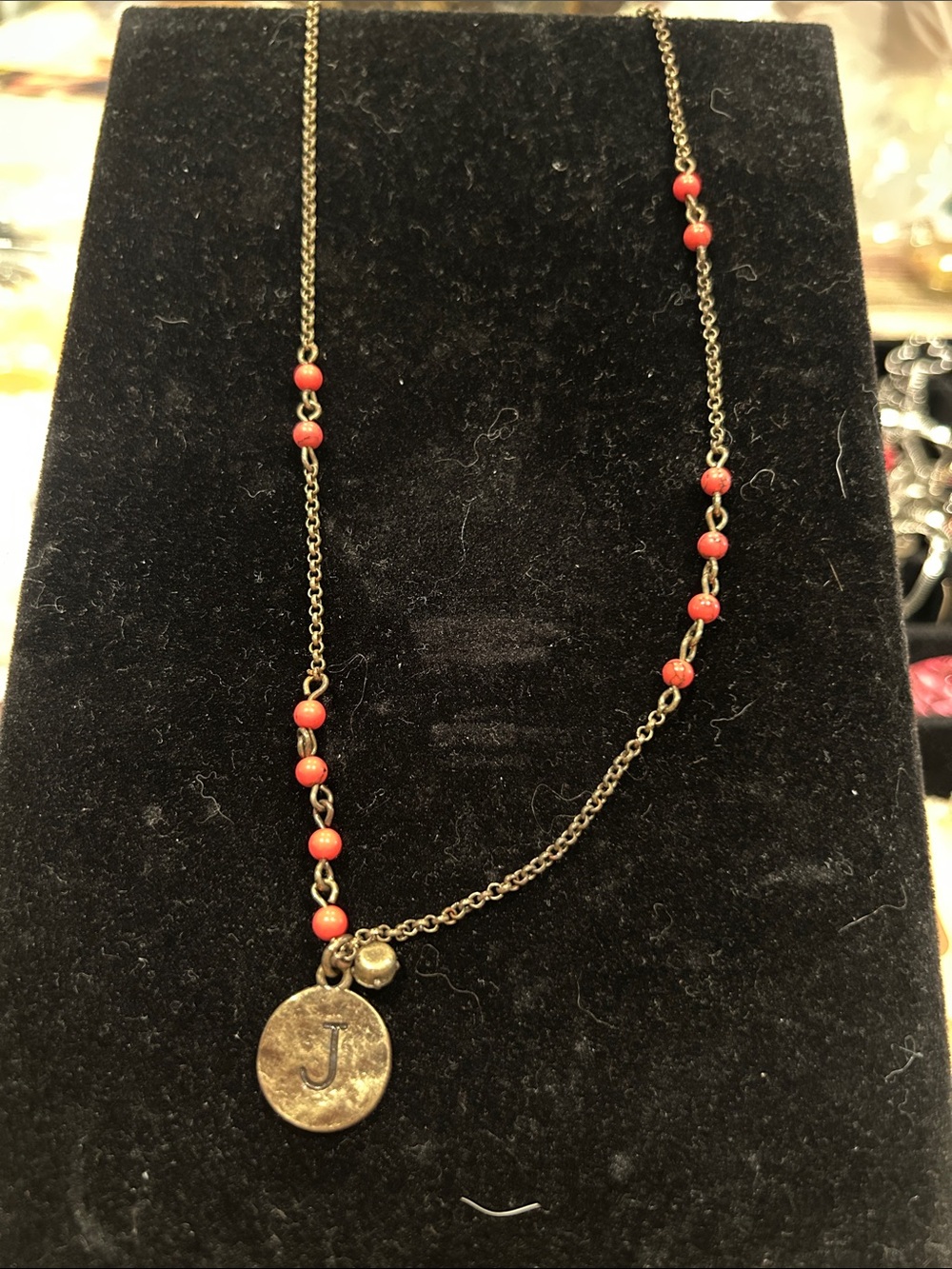 Vintage America Brass Initial 'J' Necklace with Red Beads